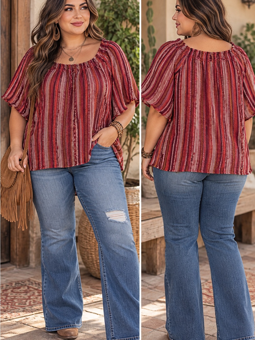 ana a new approach 3X Boho Striped Peasant Top Burgundy Red Cotton